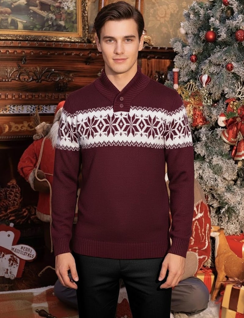 H2H Mens Casual Slim Fit Shawl Collar Pullover Sweater with Snowflake Pattern Wine US M/Asia L (KMOSWL0102) - Image 2